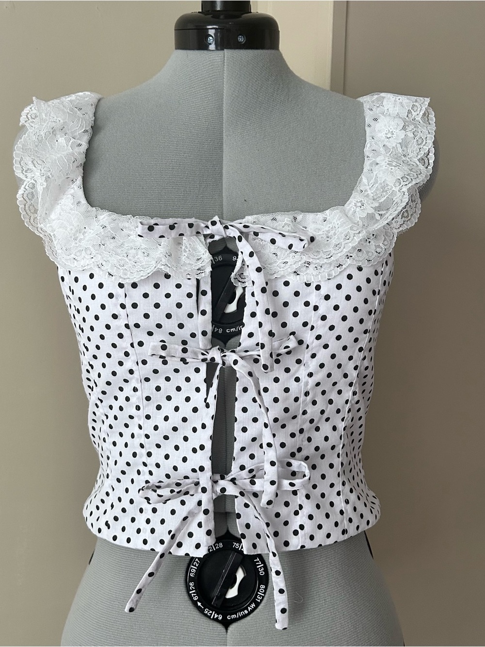 White Polka Dot Lace-Trim Tie-Front tanktop